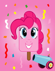 Size: 1024x1322 | Tagged: safe, artist:ask-lyrathepony, pinkie pie, food pony, pony, g4, 2013, confetti, female, food, food transformation, grin, looking at you, mare, party cannon, pink background, ponified, popsicle, simple background, smiling, solo