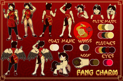 Size: 6017x3976 | Tagged: safe, artist:littletigressda, oc, oc:fang charm, bird, chinese dragon, dragon, duck, pegasus, pony, anthro, plantigrade anthro, abstract background, animal, chinese, chinese new year, clothes, commission, cutie mark, female, gradient background, hooves, lantern, leggings, mare, one-piece swimsuit, paper lantern, red dress, red eyes, reference sheet, shoes, spread wings, swimsuit, wings