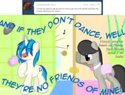 Size: 1000x754 | Tagged: safe, artist:erthilo, dj pon-3, octavia melody, vinyl scratch, earth pony, unicorn, ask octavia, g4, ask, bathroom, horn, lyrics, men without hats, shower, song reference, text, the safety dance, tumblr