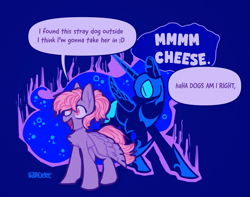 Size: 4096x3234 | Tagged: safe, artist:pastacrylic, edit, derpy hooves, nightmare moon, alicorn, pegasus, pony, g4, :d, blue background, cheese, derpy being derpy, dialogue, duo, female, food, happy, helmet, jewelry, lesbian, mare, open mouth, open smile, regalia, ship:nightmarederp, shipping, simple background, smiling