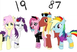 Size: 1200x807 | Tagged: artist needed, source needed, safe, big macintosh, fluttershy, pinkie pie, rainbow dash, rarity, earth pony, pegasus, pony, unicorn, g4, 80s, braces, clothes, ear piercing, earth pony rainbow dash, goth, hair dye, horn, leg warmers, piercing, race swap, simple background, sunglasses, white background