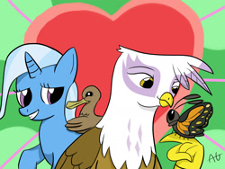 Size: 2000x1500 | Tagged: safe, artist:ashesg, gilda, trixie, bird, butterfly, duck, griffon, pony, unicorn, g4, heart, horn, pet, pets