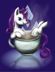 Size: 700x918 | Tagged: safe, artist:themiles, rarity, pony, unicorn, g4, cup, female, horn, looking at you, mare, reflection, smiling, solo, steam, teacup