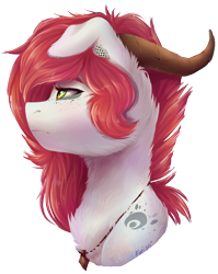 Size: 3527x4439 | Tagged: safe, artist:wallvie, oc, oc only, oc:faultx, pony, bust, dog ears, horns, portrait, simple background, solo, transparent background