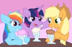 Size: 1114x733 | Tagged: safe, artist:cmara, applejack, rainbow dash, twilight sparkle, alicorn, earth pony, pegasus, pony, g4, drink, milkshake, milkshake ponies, twilight sparkle (alicorn)