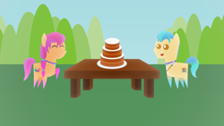 Size: 1920x1080 | Tagged: safe, artist:carrotorangelight, hitch trailblazer, sunny starscout, earth pony, pony, g5, cake, eyes closed, female, food, gradient legs, jewelry, male, necklace, outdoors, pointy ponies, sash, sheriff's badge, table