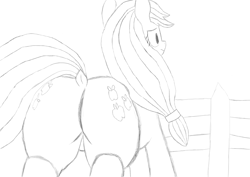 Size: 1234x873 | Tagged: safe, artist:theonlyone, applejack, earth pony, pony, g4, applebucking thighs, applebutt, both cutie marks, butt, dock, featureless crotch, fence, hatless, missing accessory, monochrome, plot, rear, simple background, sketch, solo, tail, thighs, thunder thighs, white background, wip, worried
