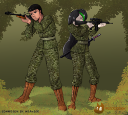Size: 4768x4299 | Tagged: safe, artist:jackudoggy, oc, oc only, oc:mechanical shield, oc:newgray, human, clothes, commission, focused, forest, gun, humanized, humanized oc, jungle, nature, soldier, tree, uniform, weapon