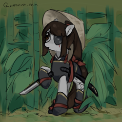 Size: 4096x4096 | Tagged: safe, artist:metaruscarlet, oc, oc only, oc:ohasu, earth pony, pony, bamboo, clothes, eye scar, eyepatch, facial scar, forest background, hat, japanese, katana, kimono (clothing), leaves, open mouth, ponytail, ribbon, scar, solo, sword, tattoo, weapon