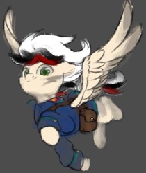 Size: 717x852 | Tagged: artist needed, source needed, safe, alternate version, oc, oc only, oc:damiyan, pegasus, clothes, gray background, green eyes, post, simple background, solo, uniform, white fur