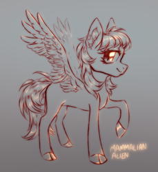 Size: 2680x2928 | Tagged: safe, artist:mammalian_alien, oc, oc only, pegasus, pony, concave belly, gradient background, limited palette, lineart, raised hoof, solo, spread wings, wings