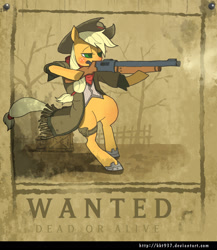 Size: 1552x1784 | Tagged: safe, artist:kkt937, applejack, earth pony, pony, g4, bipedal, blushing, gun, hat, poster, solo, standing, weapon