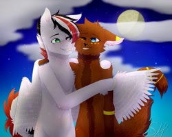 Size: 1801x1440 | Tagged: artist needed, source needed, safe, oc, oc:damiyan, cat, pegasus, semi-anthro, bipedal, cloud, furry, green eyes, hug, human shoulders, moon, night, white fur