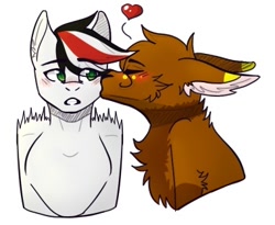 Size: 382x314 | Tagged: artist needed, source needed, safe, oc, oc:damiyan, cat, pegasus, furry, green eyes, heart, kissing, simple background, white background, white fur