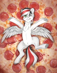 Size: 1500x1920 | Tagged: source needed, safe, artist:reins, artist:sheru, oc, oc only, oc:damiyan, pegasus, pony, chest fluff, food, green eyes, pizza, ponies in food, pubic fluff, solo, white fur