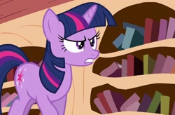 Size: 1646x1080 | Tagged: safe, screencap, twilight sparkle, pony, unicorn, g4, season 3, the crystal empire, angry, book, bookshelf, cropped, female, golden oaks library, gritted teeth, mare, solo, teeth, unicorn twilight