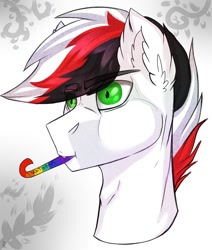 Size: 672x794 | Tagged: artist needed, source needed, safe, oc, oc only, oc:damiyan, pegasus, birthday, bust, green eyes, party horn, portrait, solo, white fur