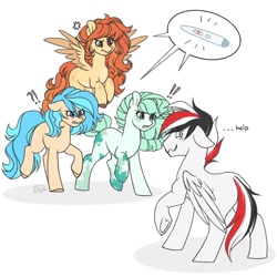 Size: 1024x1024 | Tagged: source needed, safe, artist:reins, oc, oc:damiyan, earth pony, pegasus, colored hooves, cross-popping veins, earth pony oc, emanata, exclamation point, female, flying, green eyes, help, implied infidelity, interrobang, male, mare, meme, oc x oc, pegasus oc, pregnancy test, pregnant, question mark, shipping, simple background, speech bubble, stallion, standing, straight, text, white background, white fur