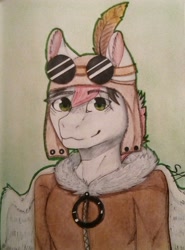 Size: 1454x1967 | Tagged: artist needed, source needed, safe, oc, oc only, oc:damiyan, pegasus, clothes, coat, feather, flight suit, green eyes, photo, pilot, simple background, solo, sunglasses, traditional art, white background, white fur