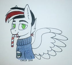 Size: 1704x1533 | Tagged: artist needed, source needed, safe, oc, oc only, oc:damiyan, pegasus, candy, candy cane, christmas, clothes, food, green eyes, holiday, mouth hold, simple background, solo, sweater, traditional art, white background, white fur