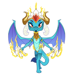Size: 900x900 | Tagged: safe, artist:queencold, princess ember, dragon, g4, crown, dragoness, female, fire, jewelry, looking at you, makeup, regalia, simple background, smiling, smiling at you, solo, spread wings, transparent background, wings