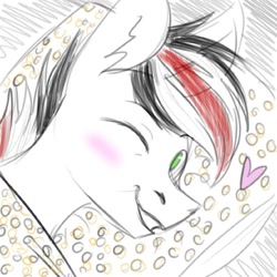 Size: 1024x1024 | Tagged: artist needed, source needed, safe, oc, oc only, oc:damiyan, pegasus, bed, blanket, blushing, green eyes, looking at you, one eye closed, pillow, smiling, solo, white fur, wink, winking at you
