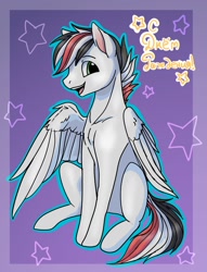 Size: 1106x1448 | Tagged: source needed, safe, artist:megabait, oc, oc only, oc:damiyan, pegasus, pony, abstract background, birthday, collarbone, cyrillic, gradient background, green eyes, old art, russian, solo, sternocleidomastoid, text, white fur