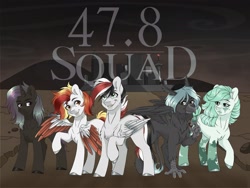Size: 2224x1668 | Tagged: source needed, safe, oc, oc only, oc:damiyan, earth pony, griffon, pegasus, pony, unicorn, fallout equestria, green eyes, horn, text, white fur