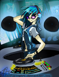 Size: 779x1025 | Tagged: source needed, safe, artist:confusingart, dj pon-3, vinyl scratch, human, g4, glasses, headphones, humanized, music notes, turntable