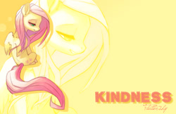 Size: 1451x938 | Tagged: safe, artist:sambragg, fluttershy, pegasus, pony, g4, female, kindness, lidded eyes, looking away, looking down, mare, sitting, smiling, solo, wings, zoom layer