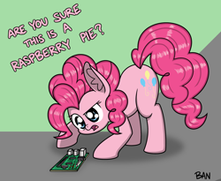 Size: 1844x1512 | Tagged: safe, artist:banquo0, pinkie pie, earth pony, pony, g4, circuit board, computer, confused, curious, ear fluff, open mouth, pun, raspberry pi, solo, text, visual pun