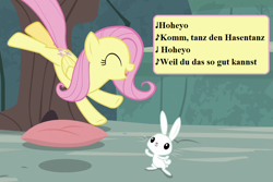 Size: 1008x672 | Tagged: safe, edit, edited screencap, editor:korora, screencap, angel bunny, fluttershy, g4, she talks to angel, angelbetes, cropped, cute, german, hasentanz, lyrics, schnuffel, shyabetes, song reference, text, translated in the description