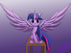 Size: 2560x1920 | Tagged: safe, artist:sokostar shr, twilight sparkle, alicorn, pony, g4, gradient background, large wings, looking at you, sitting, solo, spread wings, sternocleidomastoid, twilight sparkle (alicorn), underhoof, wings