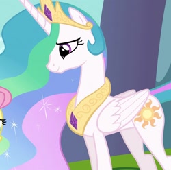 Size: 1089x1080 | Tagged: safe, screencap, fluttershy, princess celestia, alicorn, pegasus, pony, g4, keep calm and flutter on, concave belly, cropped, ethereal mane, jewelry, looking at someone, looking down, regalia, slender, smiling, thin
