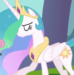 Size: 1067x1080 | Tagged: safe, screencap, fluttershy, princess celestia, alicorn, pegasus, pony, g4, keep calm and flutter on, concave belly, cropped, eyes closed, jewelry, regalia, slender, smiling, thin