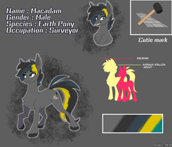 Size: 3500x3000 | Tagged: safe, artist:celes-969, oc, oc only, oc:macadam, earth pony, pony, color palette, cutie mark, earth pony oc, gray background, looking at something, looking at you, male, multicolored hair, multicolored tail, palette, raised hoof, reference sheet, simple background, smiling, solo, stallion, tail, text
