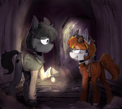 Size: 2048x1832 | Tagged: safe, artist:urbanqhoul, oc, oc only, oc:macadam, oc:road flare, earth pony, pony, clothes, female, lantern, male, mare, stallion