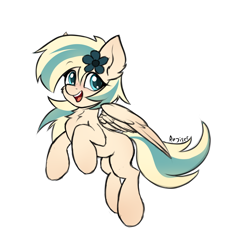 Size: 1500x1600 | Tagged: safe, artist:rejiser, oc, oc only, oc:sea breeze, pegasus, pony, barrette, chest fluff, ear fluff, female, flower, flying, open mouth, pegasus wings, simple background, smiling, solo, tail, white background, wings