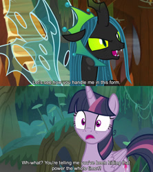 Size: 1280x1440 | Tagged: safe, edit, edited screencap, editor:jaredking779, screencap, mean twilight sparkle, queen chrysalis, alicorn, changeling, changeling queen, pony, g4, season 8, season 9, the ending of the end, the mean 6, caption, duo, female, mare, text, ultimate chrysalis