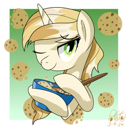 Size: 1861x1861 | Tagged: safe, artist:notadeliciouspotato, sweet biscuit, pony, unicorn, g4, abstract background, bowl, bust, cookie, eyebrows, eyebrows visible through hair, female, food, gradient background, horn, looking at you, mare, one eye closed, signature, smiling, smiling at you, solo