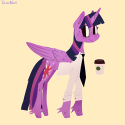 Size: 1280x1280 | Tagged: safe, artist:toksinblack, twilight sparkle, alicorn, pony, g4, clothes, coffee, coffee cup, cup, female, mare, necktie, shirt, simple background, smiling, solo, twilight sparkle (alicorn), yellow background