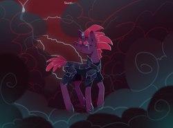 Size: 1280x948 | Tagged: safe, artist:toksinblack, tempest shadow, pony, unicorn, g4, armor, concave belly, female, horn, lightning, mare, slender, smoke, solo, thin