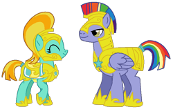 Size: 784x495 | Tagged: safe, artist:selenaede, artist:taionafan369, editor:taionafan369, lightning dust, rainbow blaze, earth pony, pegasus, pony, g4, armor, base artist:selenaede, base:selenaede, chestplate, croupiere, duo, duo male and female, female, gardequeue, helmet, male, male and female, mare, race swap, royal guard, saddle, ship:lightningblaze, shipping, shoes, simple background, stallion, tack, transparent background, wingless