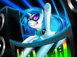 Size: 1024x768 | Tagged: safe, artist:cat-cly, dj pon-3, vinyl scratch, pony, unicorn, g4, equalizer, horn, solo, speaker, turntable