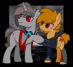 Size: 1920x1763 | Tagged: safe, artist:scar-shine, oc, oc only, oc:osoliang, oc:scar shine, earth pony, pony, unicorn, bandage, clothes, headphones, horn, male, stallion