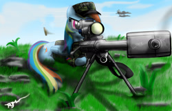 Size: 1680x1080 | Tagged: safe, artist:scatch42, rainbow dash, pegasus, g4, army, gun, military, plane, rifle, scope, weapon