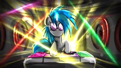 Size: 1920x1080 | Tagged: safe, artist:colorsymphony, dj pon-3, vinyl scratch, unicorn, g4, glasses, horn, rave, solo, speaker, turntable