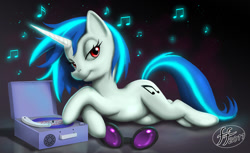 Size: 1280x782 | Tagged: safe, artist:14-bis, dj pon-3, vinyl scratch, pony, unicorn, g4, female, horn, looking at you, lying down, mare, music notes, record, record player, red eyes, solo