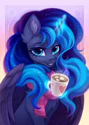 Size: 2936x4096 | Tagged: safe, artist:rozmed, princess luna, alicorn, pony, g4, chest fluff, chocolate, clothes, cute, ear fluff, eyebrows, female, food, glowing, glowing horn, gradient background, heart, high res, horn, hot chocolate, leg fluff, levitation, looking at you, lunabetes, magic, magic aura, mare, marshmallow, mug, scarf, smiling, smiling at you, solo, striped scarf, telekinesis, wings