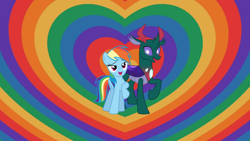 Size: 1280x720 | Tagged: artist needed, safe, anonymous artist, artist:crystalmagic6, artist:jhayarr23, pharynx, rainbow dash, changedling, changeling, pegasus, pony, g4, crack shipping, duo, female, heart, heart background, lidded eyes, looking at each other, looking at someone, male, mare, open mouth, open smile, prince pharynx, rainbow background, rainbow heart background, raised hoof, ship:pharydash, shipping, smiling, smiling at each other